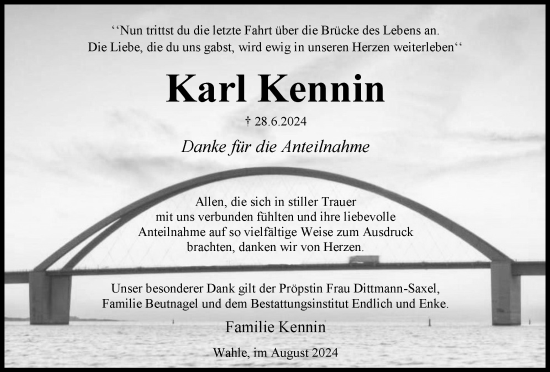 Traueranzeige von Karl Kennin von Peiner Nachrichten