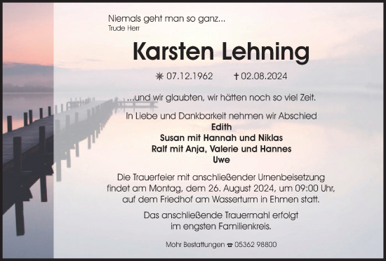 Traueranzeige von Karsten Lehning von Wolfsburger Nachrichten
