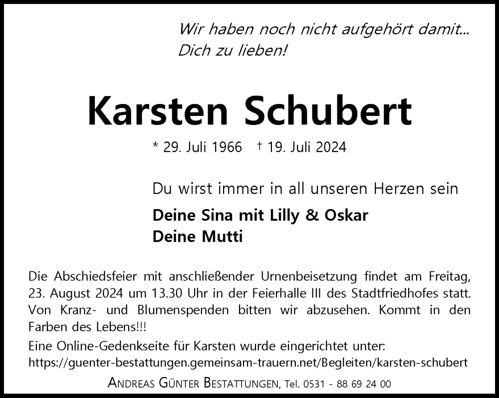  Traueranzeige für Karsten Schubert vom 03.08.2024 aus Braunschweiger Zeitung