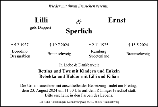 Traueranzeige von Lilli und Ernst Sperlich von Braunschweiger Zeitung