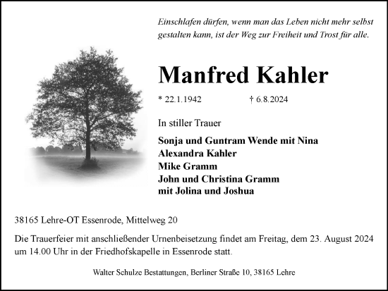Traueranzeige von Manfred Kahler von Braunschweiger Zeitung