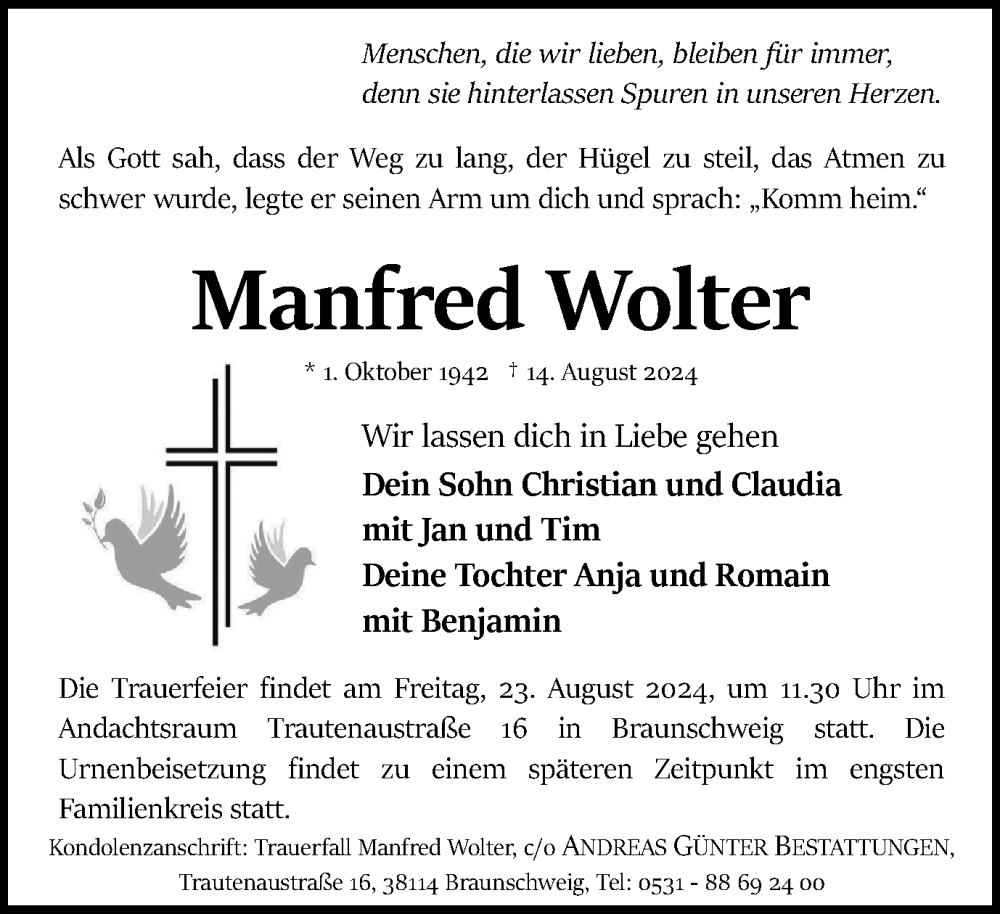  Traueranzeige für Manfred Wolter vom 17.08.2024 aus Braunschweiger Zeitung