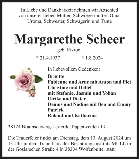 Traueranzeige von Margarethe Scheer von Braunschweiger Zeitung