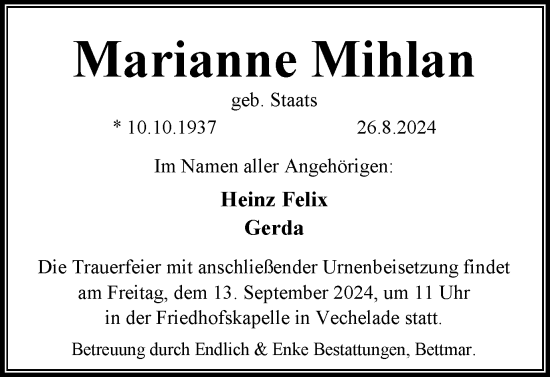Traueranzeige von Marianne Mihlan von Braunschweiger Zeitung