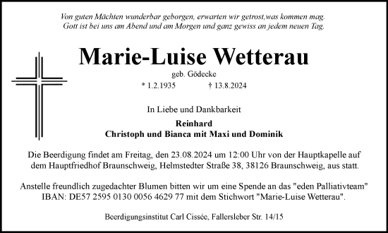 Traueranzeige von Marie-Luise Wetterau von Braunschweiger Zeitung