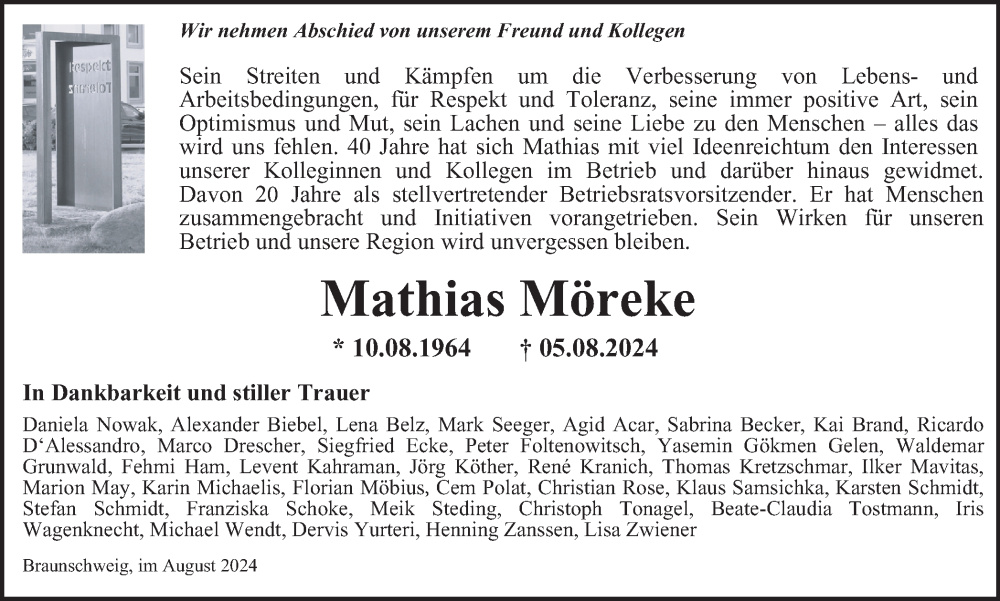  Traueranzeige für Mathias Möreke vom 17.08.2024 aus Braunschweiger Zeitung