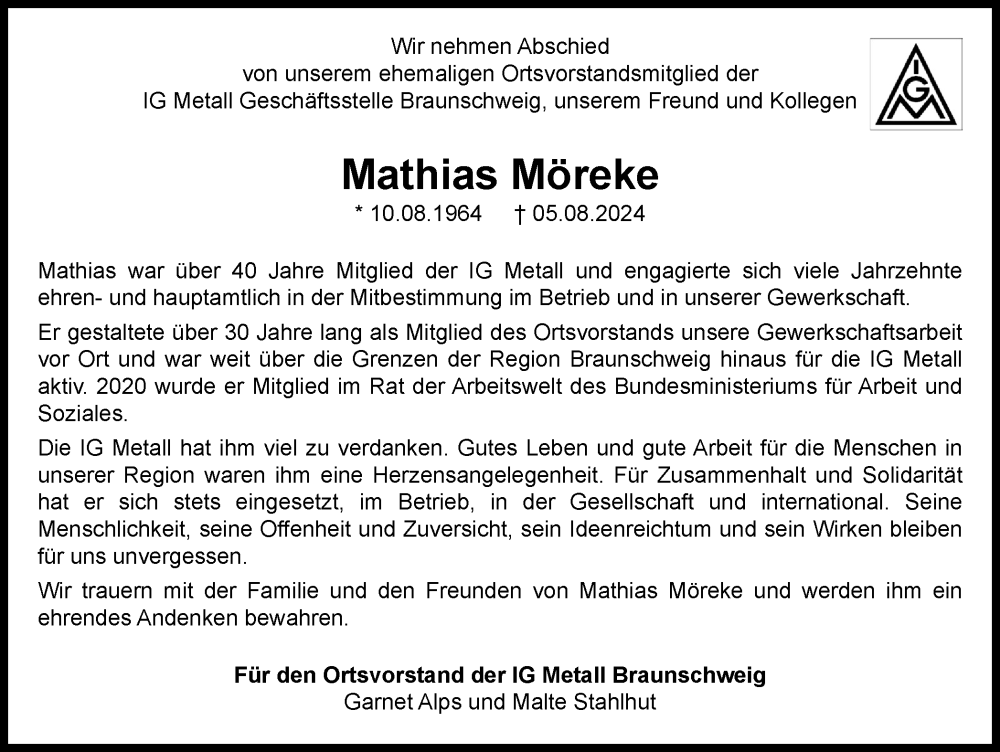  Traueranzeige für Mathias Möreke vom 10.08.2024 aus Braunschweiger Zeitung