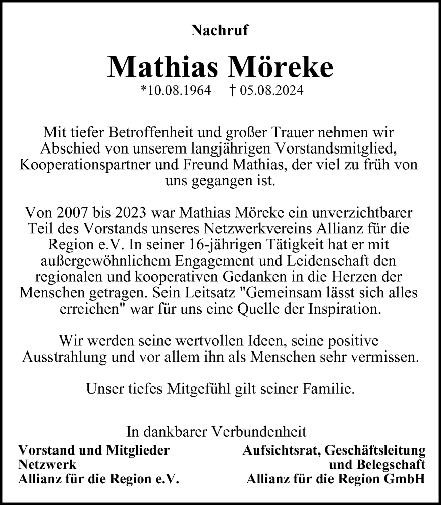  Traueranzeige für Mathias Möreke vom 22.08.2024 aus Braunschweiger Zeitung