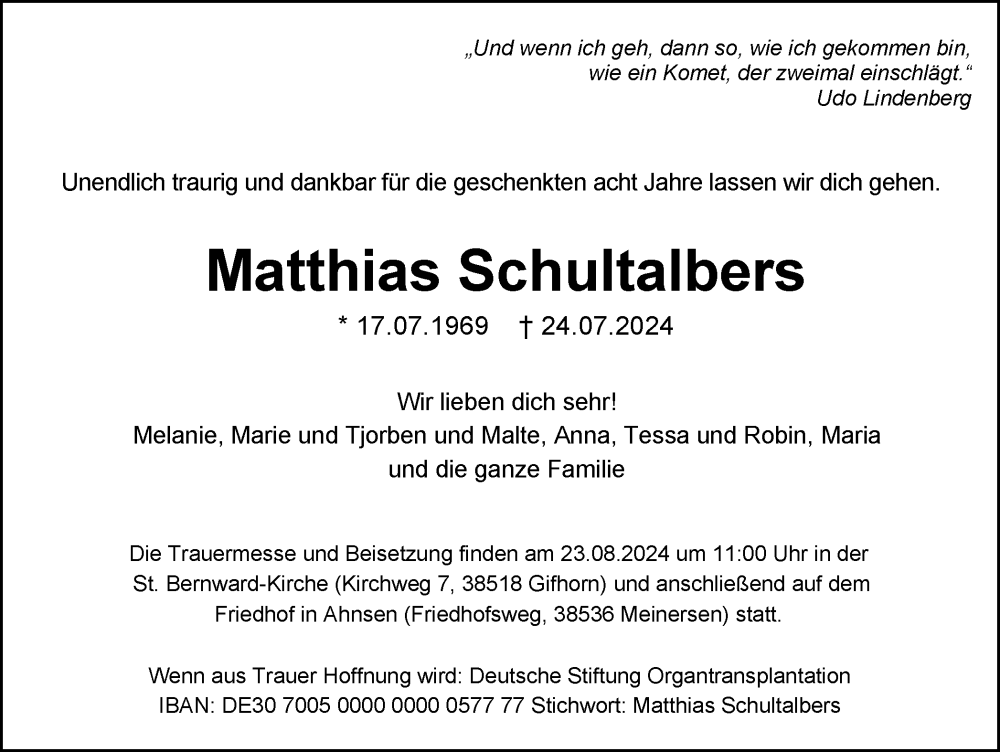  Traueranzeige für Matthias Schultalbers vom 03.08.2024 aus Wolfsburger Nachrichten