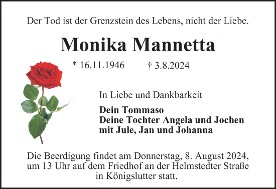 Traueranzeige von Monika Mannetta von Helmstedter Nachrichten