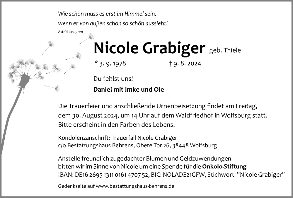  Traueranzeige für Nicole Grabiger vom 17.08.2024 aus Wolfsburger Nachrichten