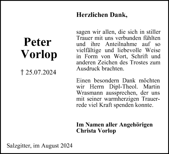 Traueranzeige von Peter Vorlop von Braunschweiger Zeitung, Salzgitter-Zeitung, Wolfsburger Nachrichten