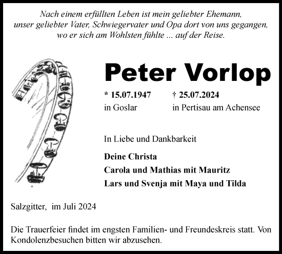 Traueranzeige von Peter Vorlop von Braunschweiger Zeitung, Salzgitter-Zeitung, Wolfsburger Nachrichten