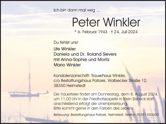 Traueranzeige von Peter Winkler von Helmstedter Nachrichten