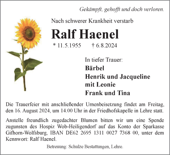 Traueranzeige von Ralf Haenel von Helmstedter Nachrichten