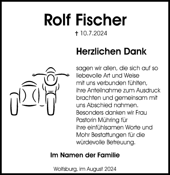 Traueranzeige von Rolf Fischer von Wolfsburger Nachrichten
