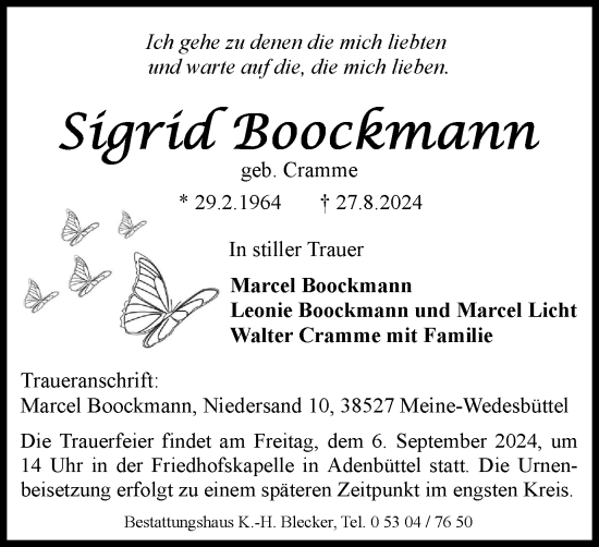 Traueranzeige von Sigrid Boockmann von Wolfsburger Nachrichten