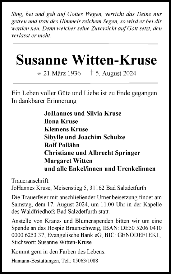 Traueranzeige von Susanne Witten-Kruse von Braunschweiger Zeitung