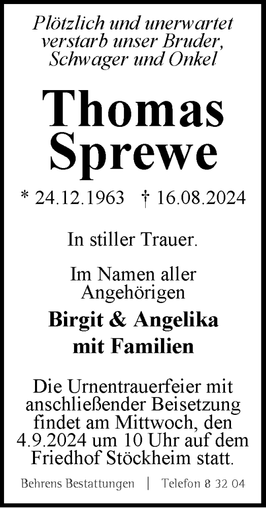 Traueranzeige von Thomas Sprewe von Braunschweiger Zeitung