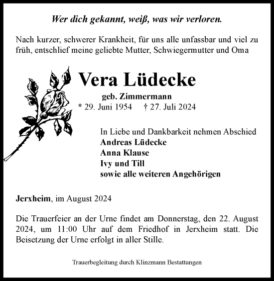 Traueranzeige von Vera Lüdecke von Helmstedter Nachrichten
