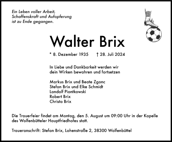 Traueranzeige von Walter Brix von Wolfenbütteler Zeitung