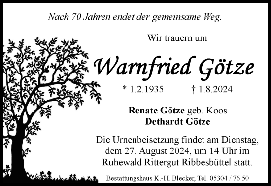 Traueranzeige von Wareried Götze von Braunschweiger Zeitung