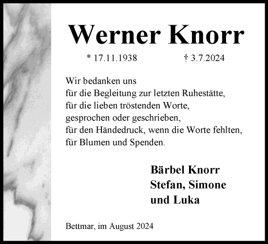 Traueranzeige von Werner Knorr von Peiner Nachrichten