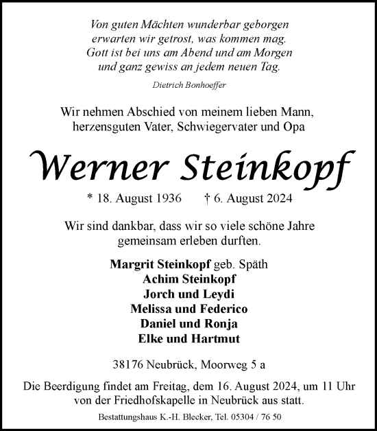 Traueranzeige von Werner Steinkopf von Braunschweiger Zeitung