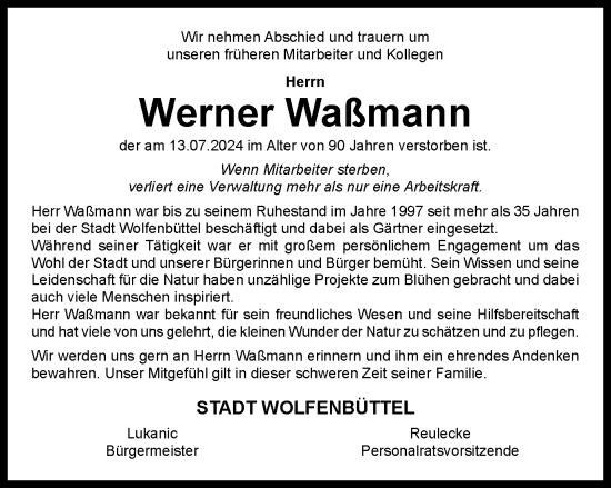 Traueranzeige von Werner Waßmann von Wolfenbütteler Zeitung