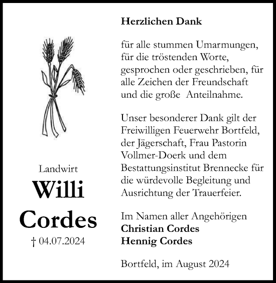 Traueranzeige von Willi Cordes von Peiner Nachrichten