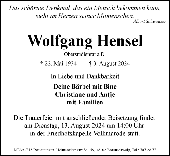 Traueranzeige von Wolfgang Hensel von Braunschweiger Zeitung, Wolfsburger Nachrichten