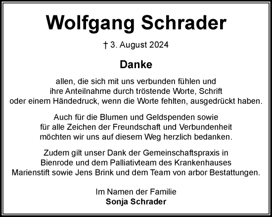Traueranzeige von Wolfgang Schrader von Braunschweiger Zeitung