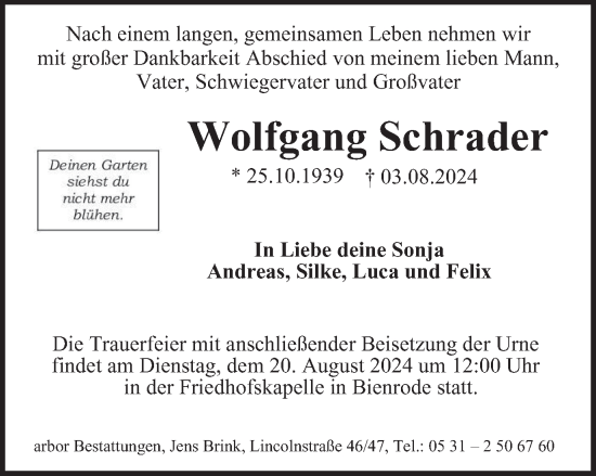 Traueranzeige von Wolfgang Schrader von Braunschweiger Zeitung