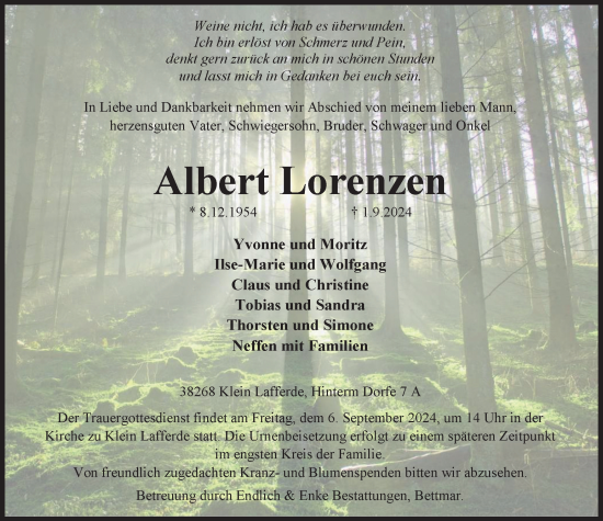 Traueranzeige von Albert Lorenzen von Peiner Nachrichten