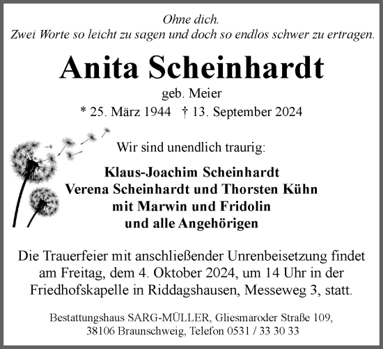 Traueranzeige von Anita Scheinhardt von Braunschweiger Zeitung