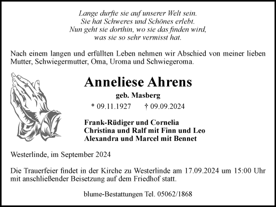 Traueranzeige von Anneliese Ahrens von Salzgitter-Zeitung