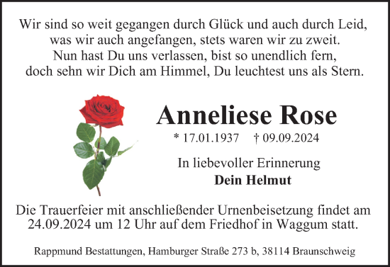 Traueranzeige von Anneliese Rose von Braunschweiger Zeitung