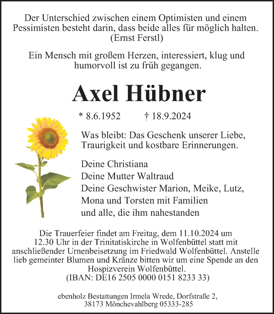  Traueranzeige für Axel Hübner vom 28.09.2024 aus Braunschweiger Zeitung