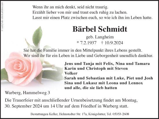 Traueranzeige von Bärbel Schmidt von Helmstedter Nachrichten
