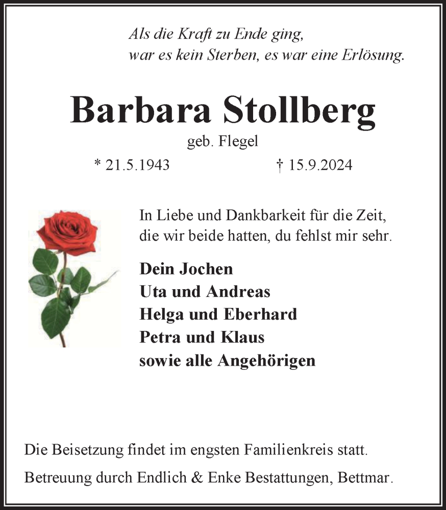  Traueranzeige für Barbara Stollberg vom 21.09.2024 aus Peiner Nachrichten