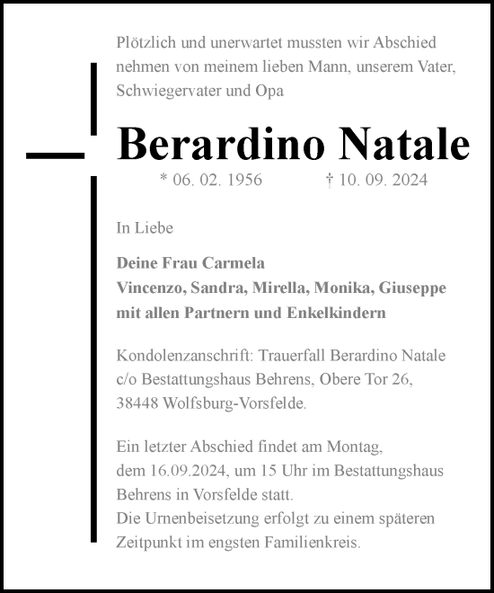 Traueranzeige von Berardino Natale von Wolfsburger Nachrichten