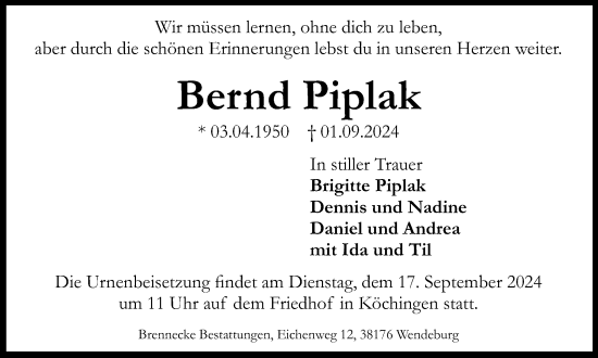 Traueranzeige von Bernd Piplak von Peiner Nachrichten