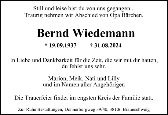 Traueranzeige von Bernd Wiedemann von Braunschweiger Zeitung