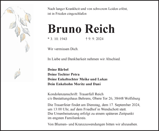 Traueranzeige von Bruno Reich von Wolfsburger Nachrichten
