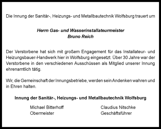 Traueranzeige von Bruno Reich von Wolfsburger Nachrichten