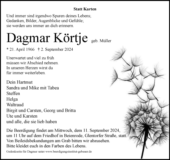 Traueranzeige von Dagmar Körtje von Wolfsburger Nachrichten
