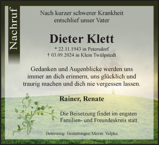 Traueranzeige von Dieter Klett von Wolfsburger Nachrichten