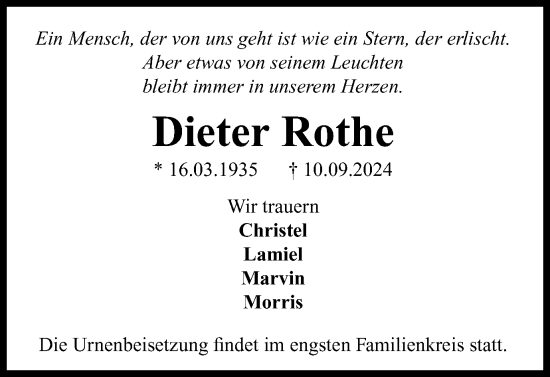 Traueranzeige von Dieter Rothe von Wolfsburger Nachrichten