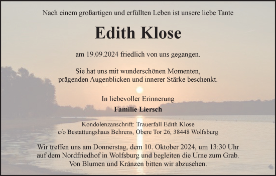 Traueranzeige von Edith Klose von Wolfsburger Nachrichten