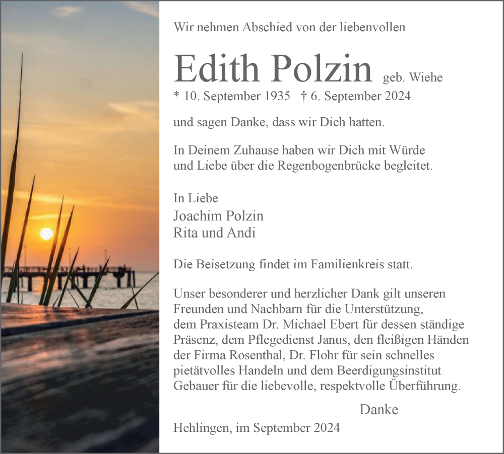  Traueranzeige für Edith Polzin vom 14.09.2024 aus Wolfsburger Nachrichten